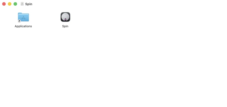 The Spin disk image open in Finder: the Spin app next to a shortcut to the Applications folder.