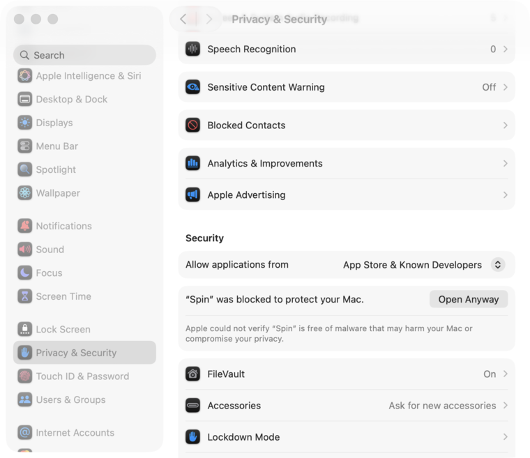 System Settings, Privacy & Security: the message that Spin was blocked, with the Open Anyway button.