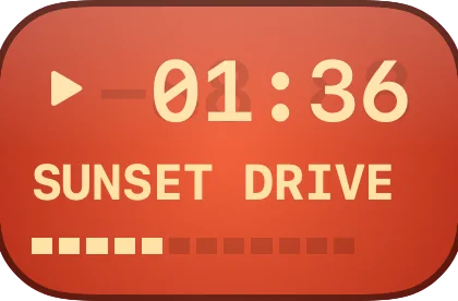 The remote's amber backlit LCD: a play sign, 01:36, the title SUNSET DRIVE scrolling, and a progress bar.