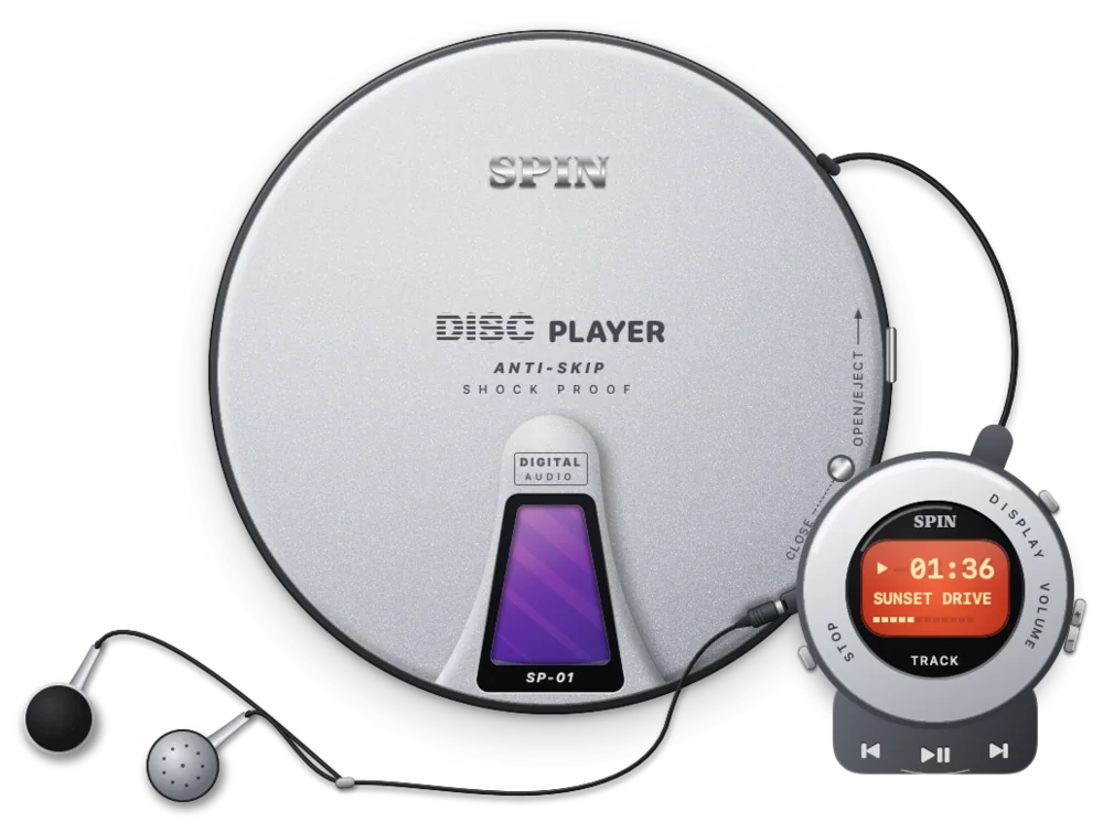 Spin playing: a round silver CD player with a wired remote whose amber display reads 01:36 and SUNSET DRIVE, and a pair of earbuds plugged in.