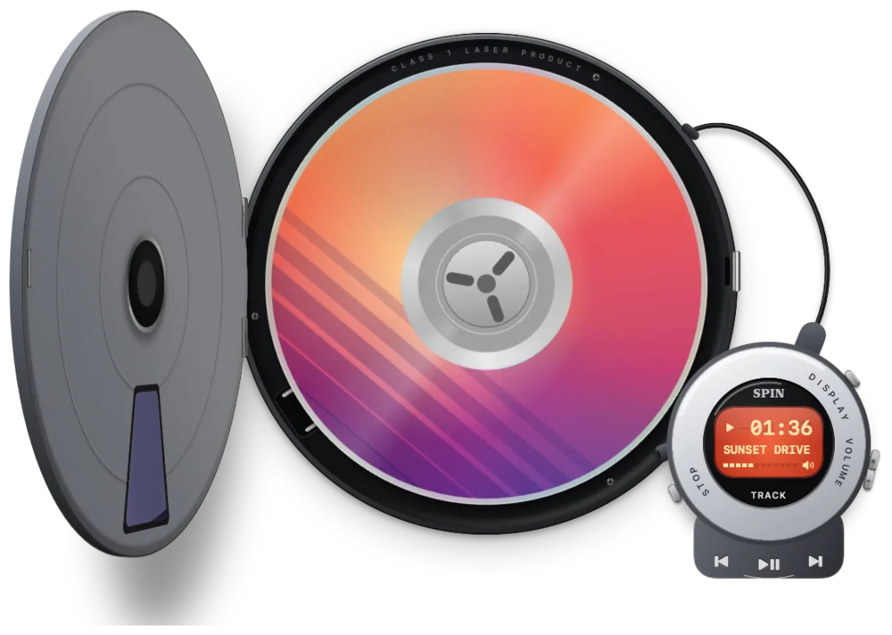 Spin with its lid open on its hinge and the disc stopped in the deck.